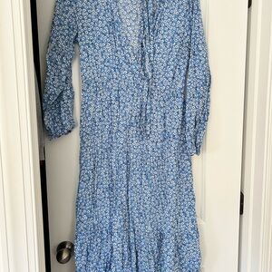 Blue and White Ruffled Wrap Sundress with Bishop Sleeves